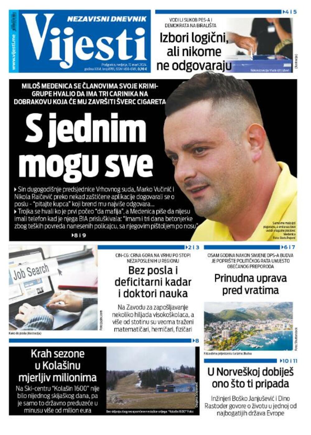 Front page of "Vijesti" for March 17, 2024, Photo: Vijesti