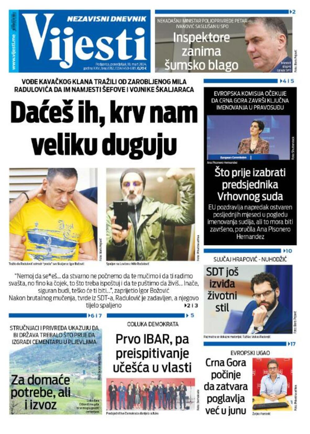 Naslovna strana "Vijesti" za 18. mart 2024., Foto: Vijesti