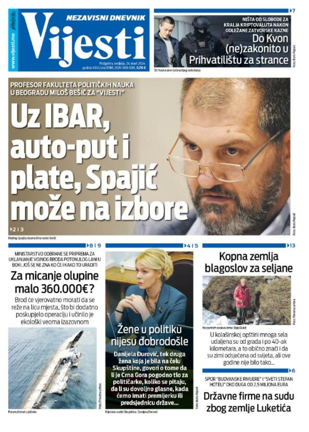 Naslovna strana "Vijesti" za 24. mart 2024., Foto: Vijesti