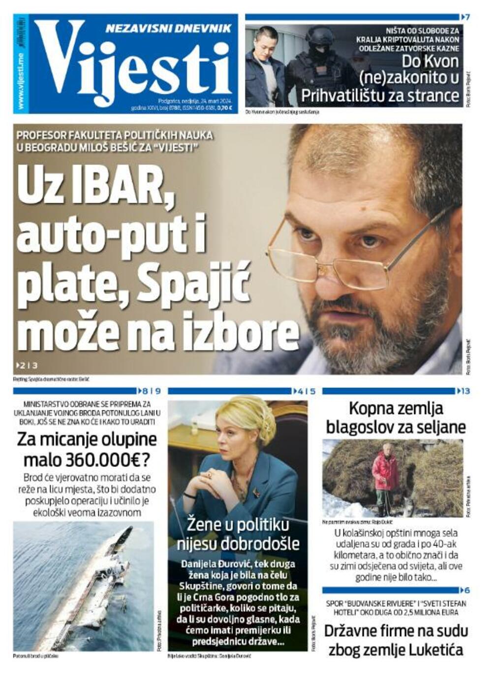 Naslovna strana "Vijesti" za 24. mart 2024., Foto: Vijesti