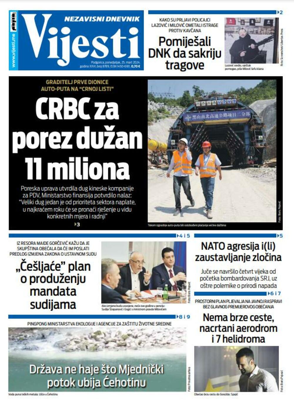 Naslovna strana "Vijesti" za 25. mart 2024., Foto: Vijesti