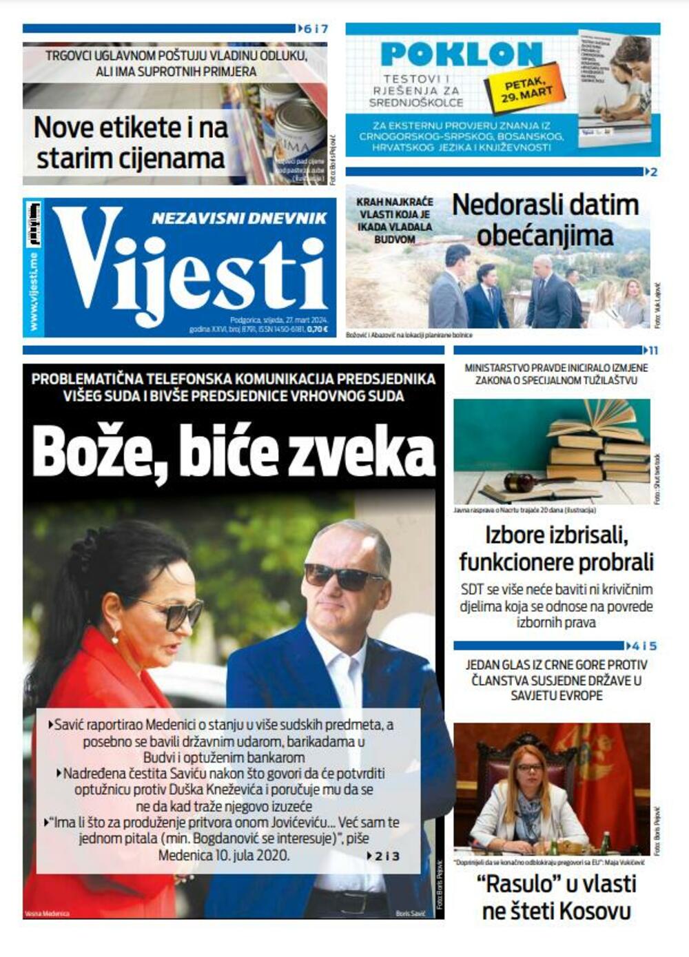 Naslovna strana "Vijesti" za 27. mart 2024., Foto: Vijesti