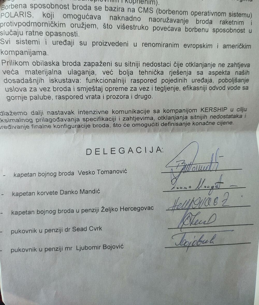 Završna strana izvještaja delegacije Ministarstva odbrane