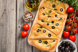 Mediterranean on the table: Focaccia with olives and rosemary