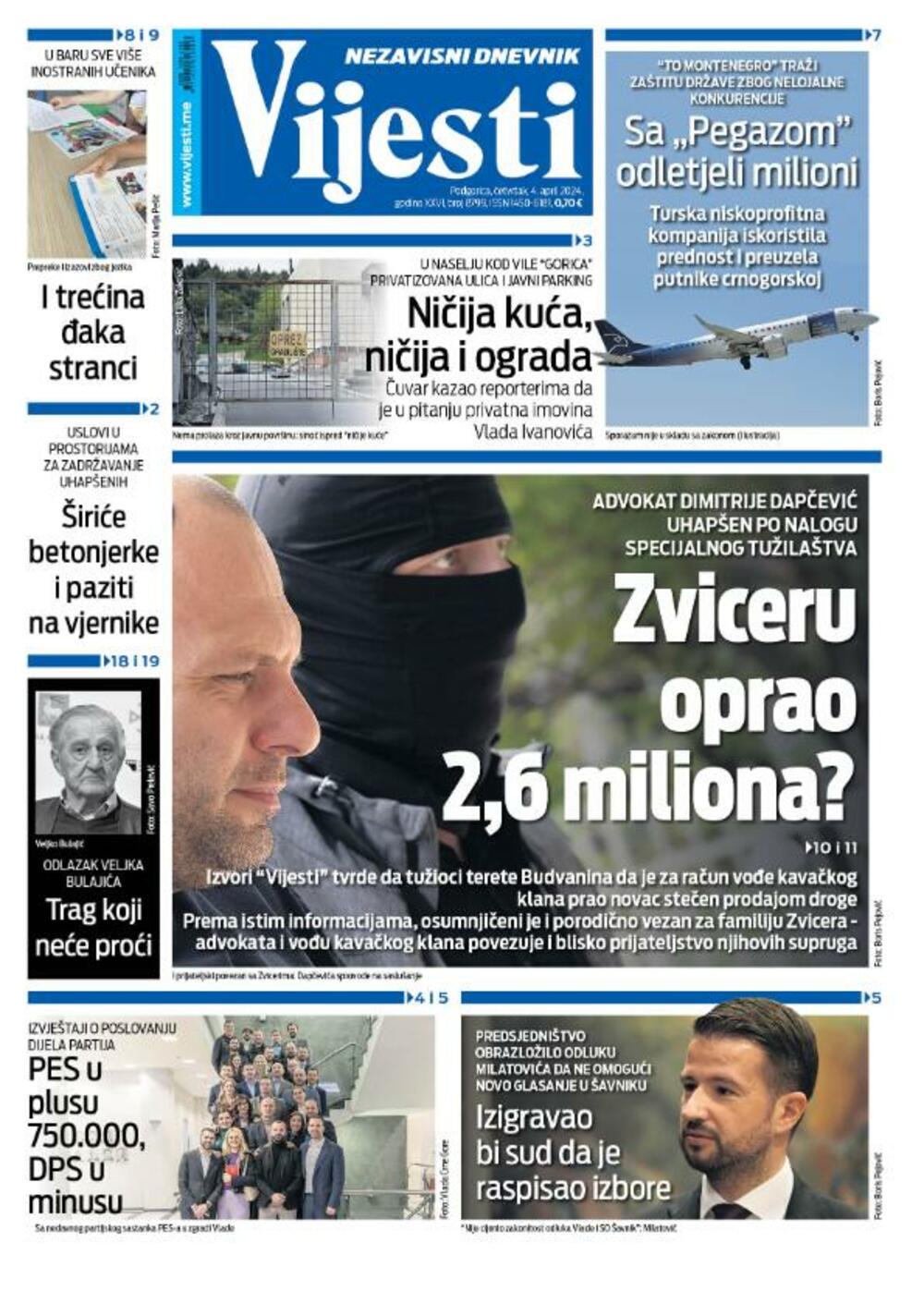 Naslovna strana 'Vijesti' za 4. april 2024.