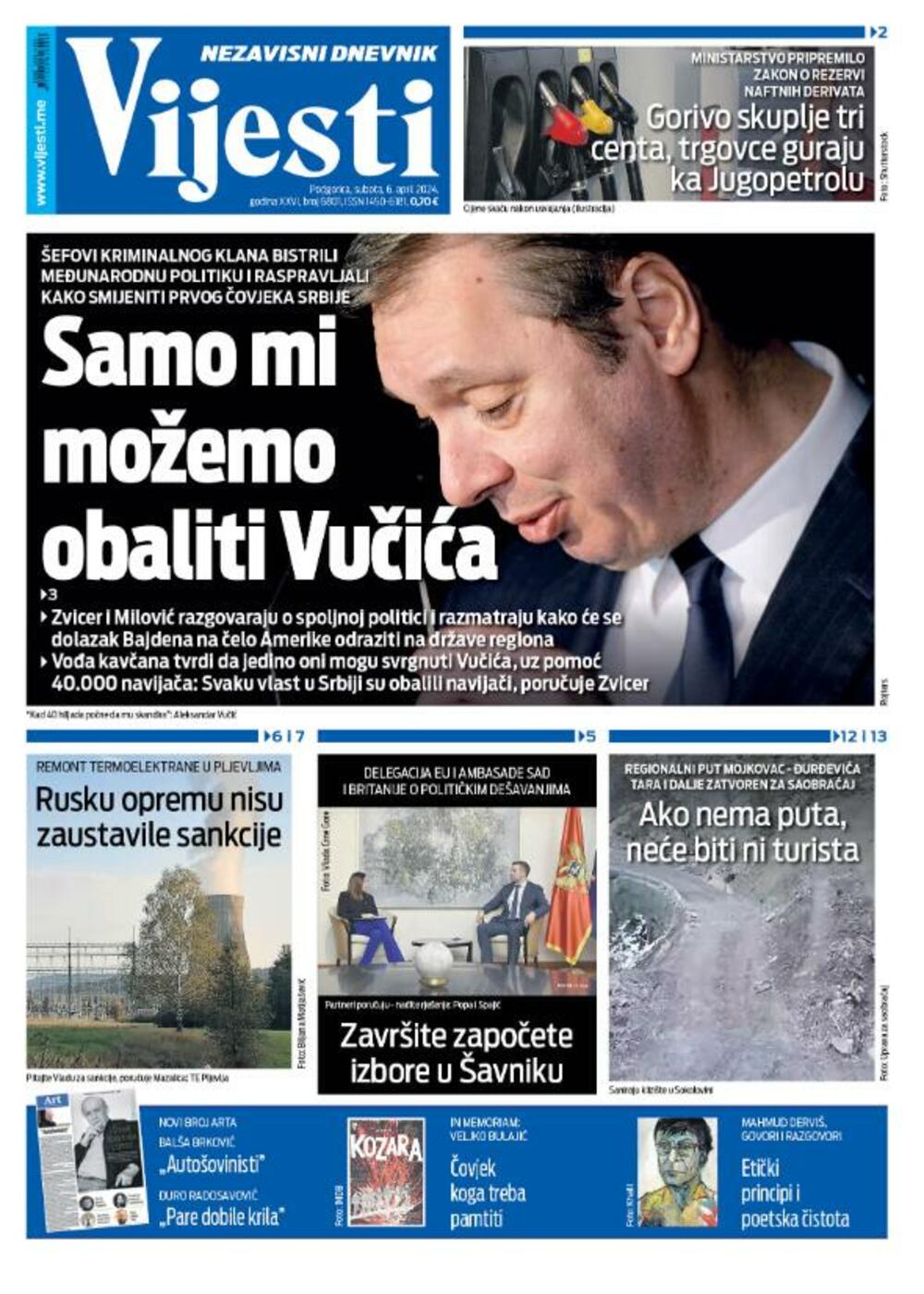 Naslovna strana "Vijesti" za 6. april 2024., Foto: Vijesti