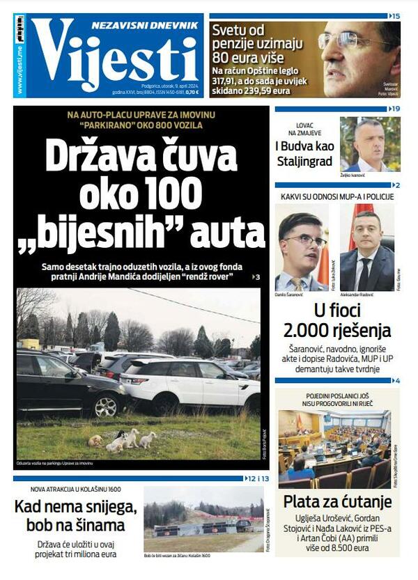 Naslovna strana "Vijesti" za 9. april 2024.