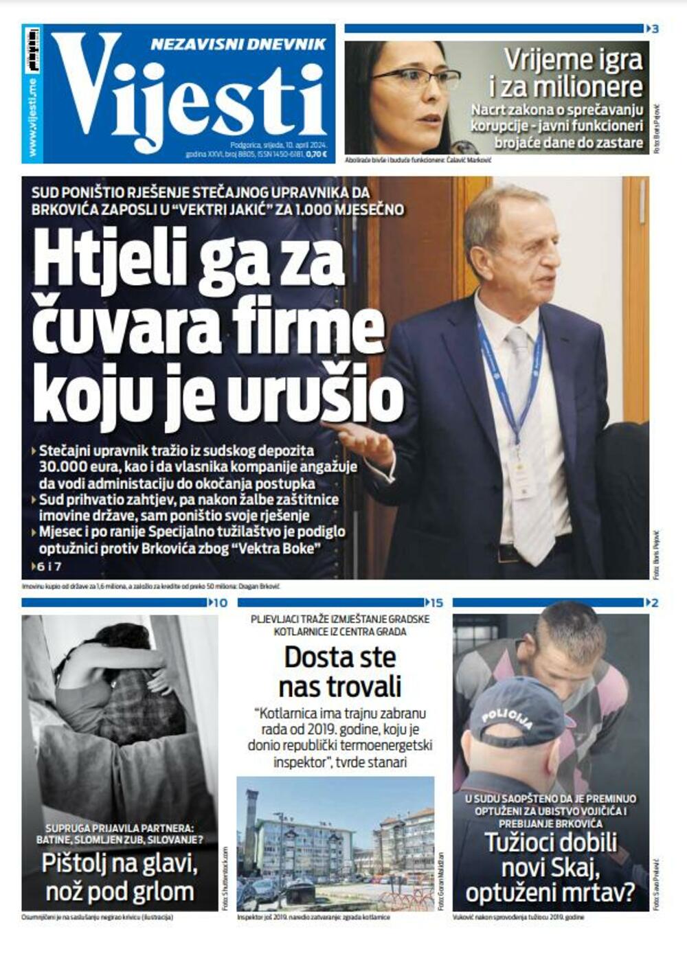 Naslovna strana "Vijesti" za 10. april 2024., Foto: Vijesti