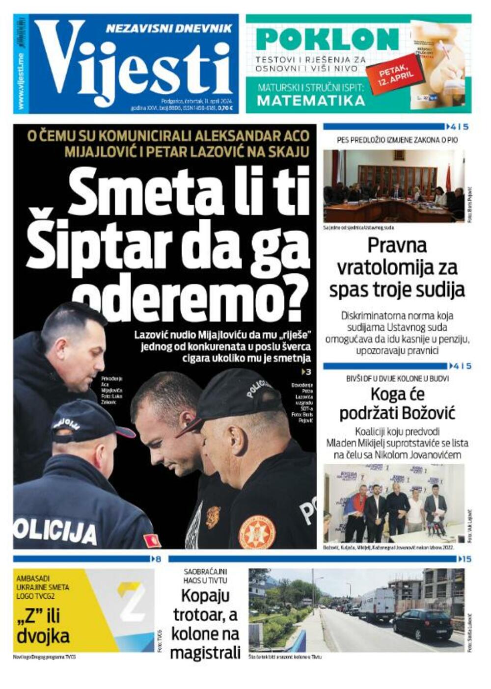 Naslovna strana "Vijesti" za 11. april 2024., Foto: Vijesti