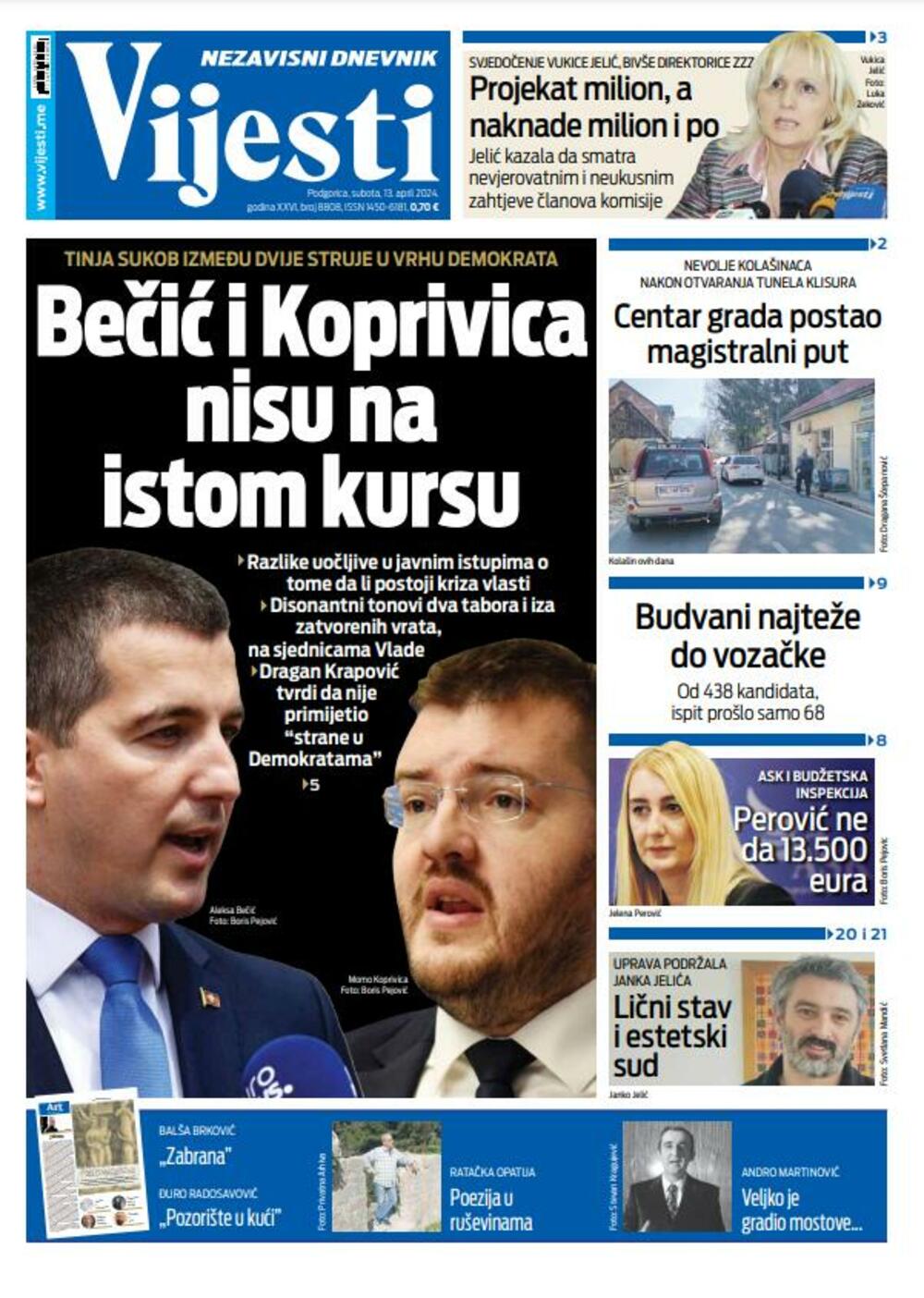 Naslovna strana "Vijesti" za 13. april 2024., Foto: Vijesti