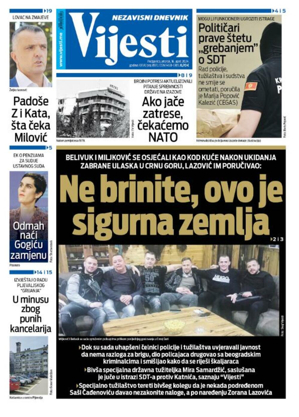 Naslovna strana "Vijesti" za 16. april 2024., Foto: Vijesti