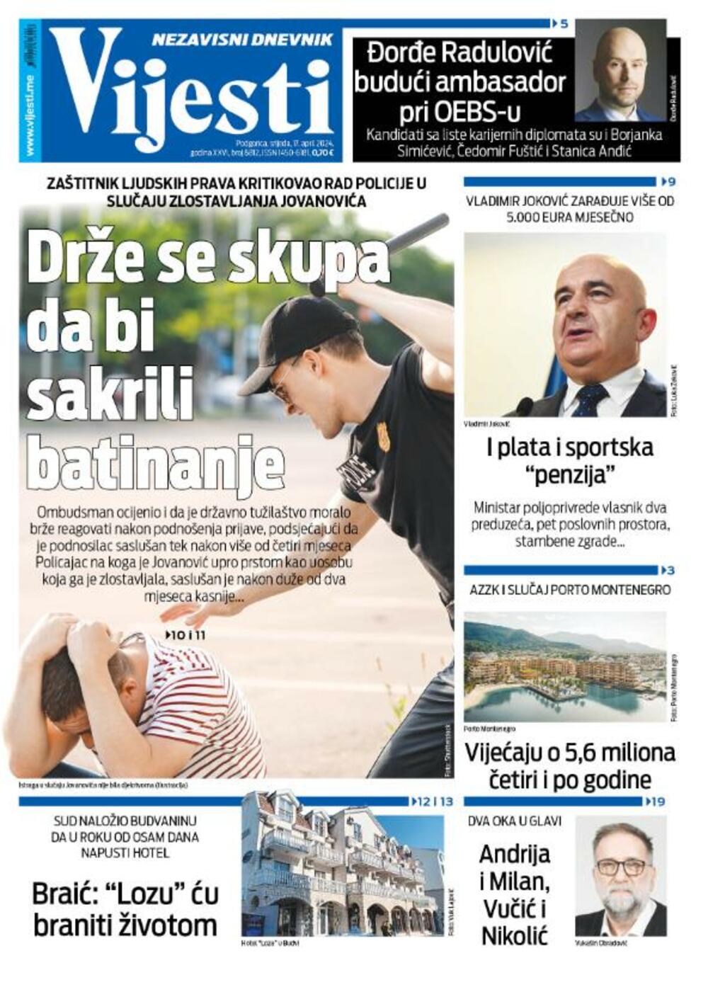 Naslovna strana "Vijesti" za 17. april 2024., Foto: Vijesti