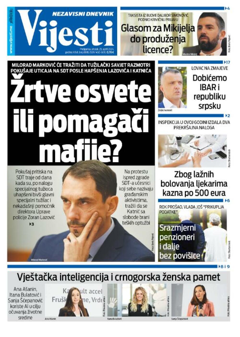 Naslovna strana "Vijesti" za 23. april 2024., Foto: Vijesti