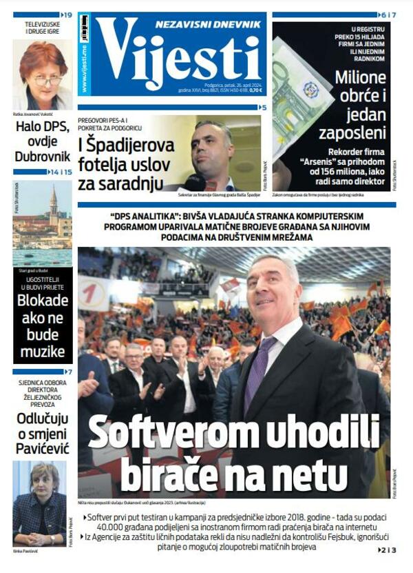 Naslovna strana "Vijesti" za 26. april 2024.