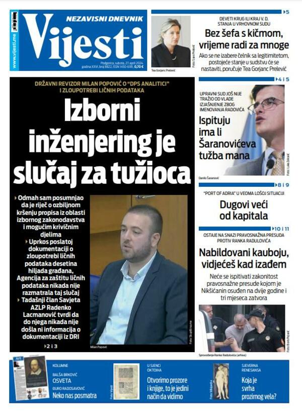 Naslovna strana "Vijesti" za 27. april 2024.