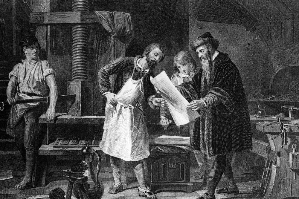 Gutenberg's printing house on an old illustration, Photo: LiveAbout
