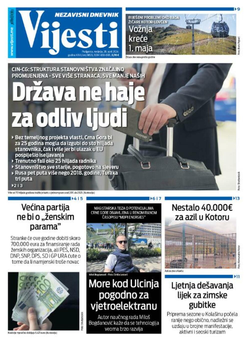 Front page of "Vijesti" for April 28, 2024, Photo: Vijesti