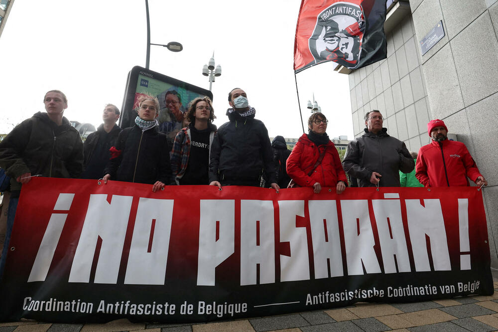 Anti-fascist demonstrators in front of the building where the NatKon conference was held in Brussels