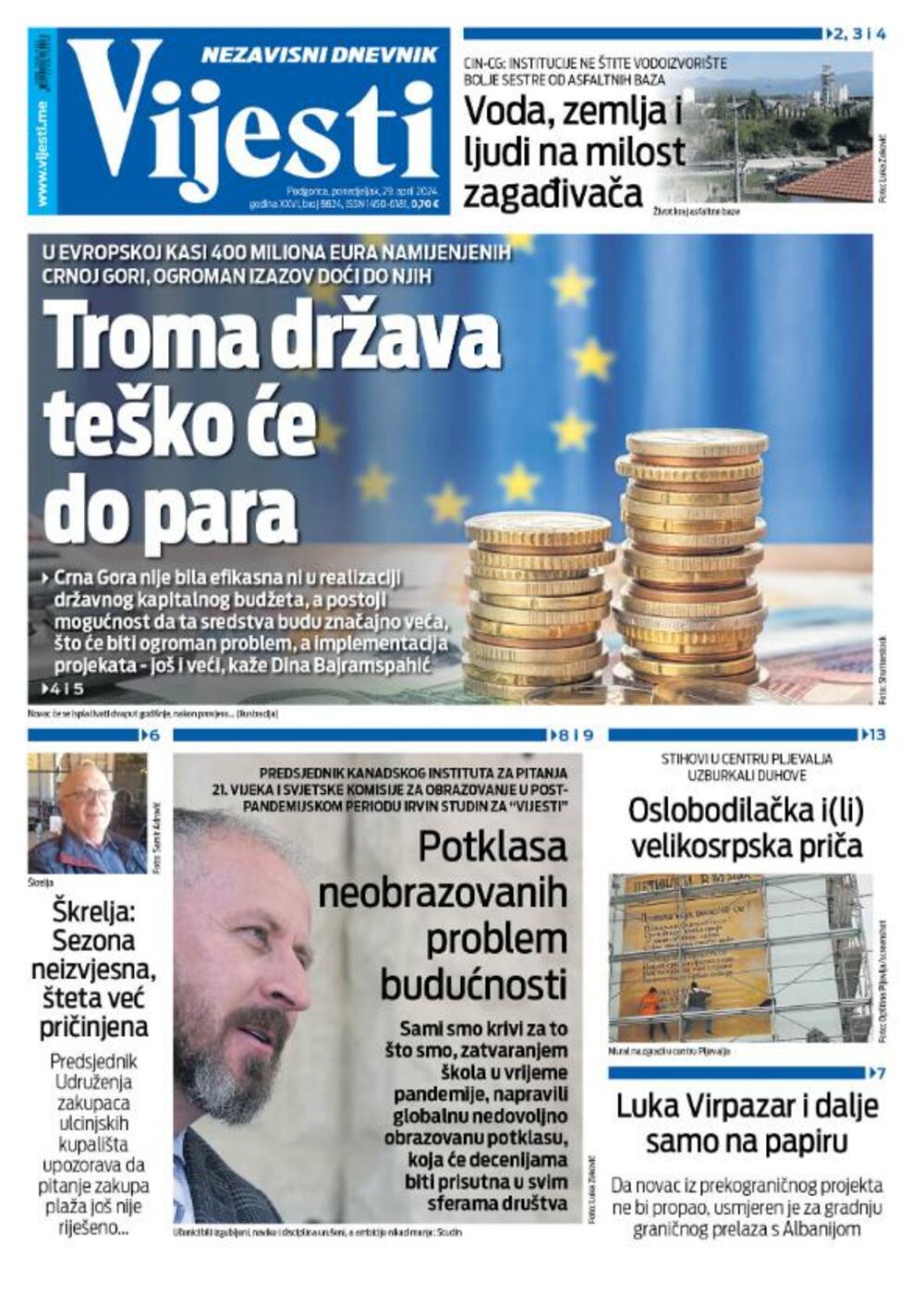Naslovna strana "Vijesti" za 29. april 2024., Foto: Vijesti