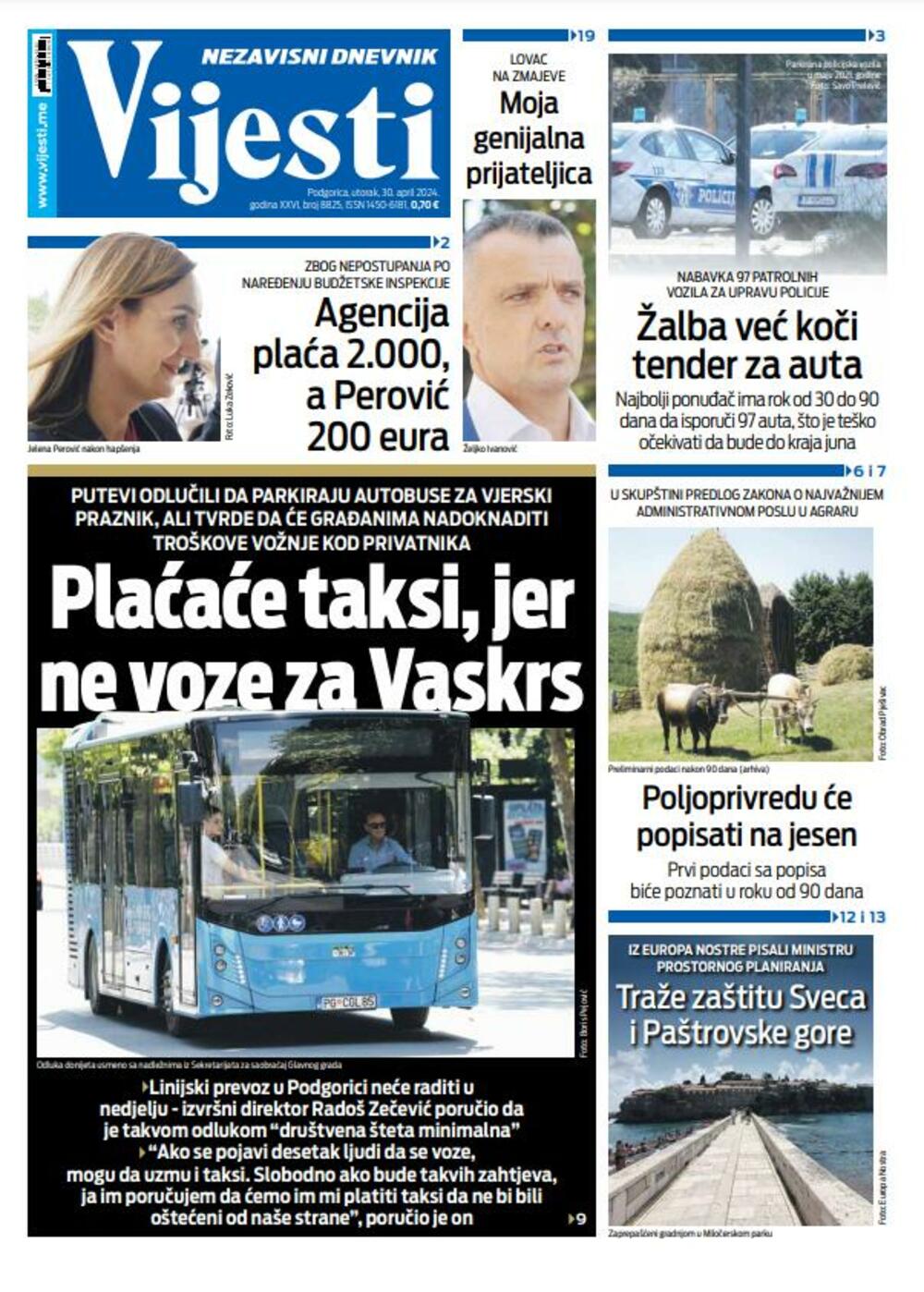 Naslovna strana "Vijesti" za 30. april 2024., Foto: Vijesti