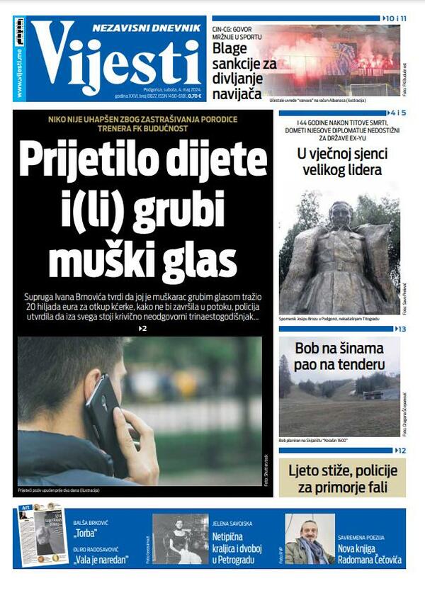 Naslovna strana "Vijesti" za 4. maj 2024.