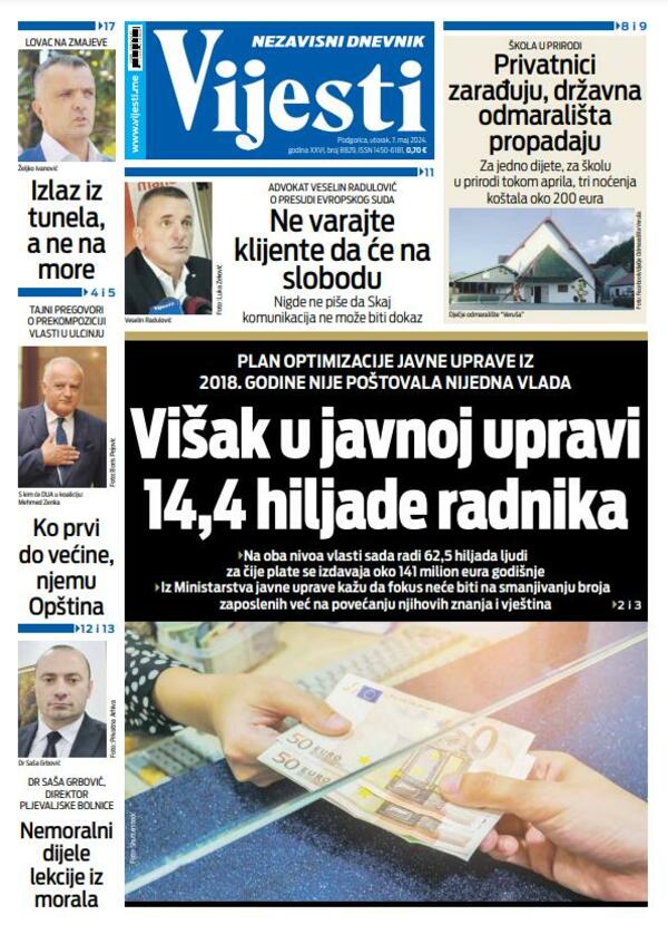Naslovna strana "Vijesti" za 7. maj 2024.
