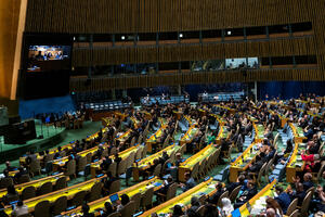The UN adopted a resolution for the Security Council to consider membership...