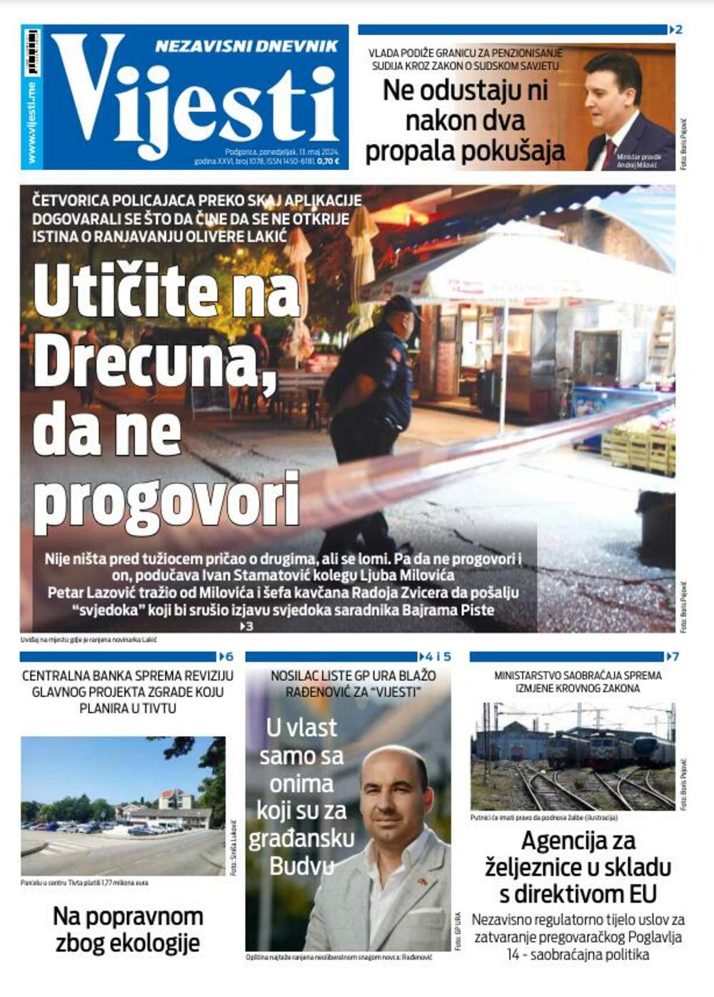 Naslovna strana "Vijesti" za 13. maj 2024., Foto: Vijesti