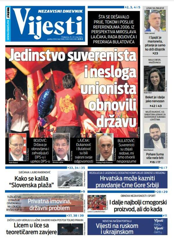 Naslovna strana "Vijesti" za 21. i 22. maj 2024.