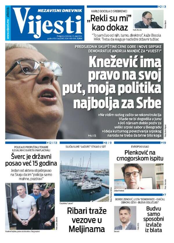 Naslovna strana "Vijesti" za 23. maj 2024.
