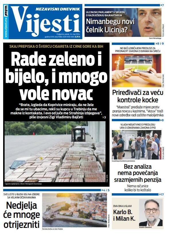 Naslovna strana "Vijesti" za 24. maj 2024.