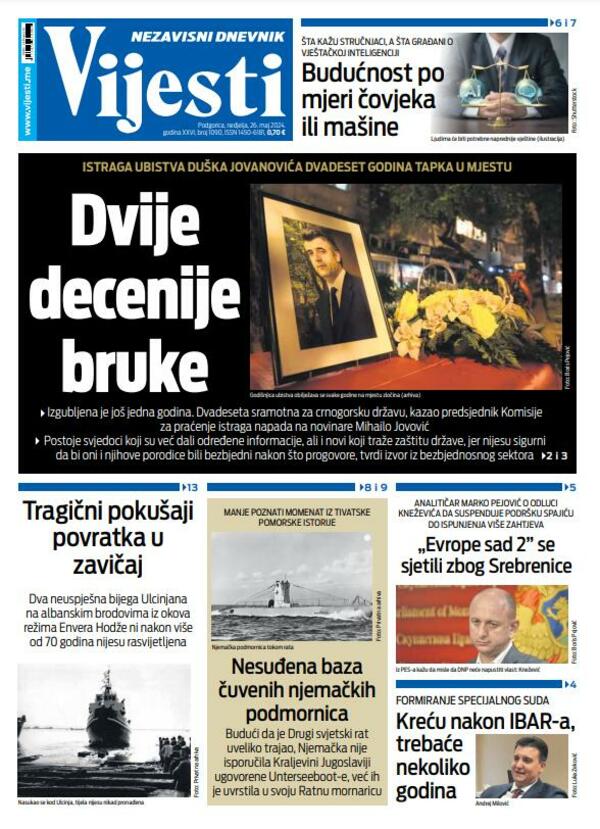 Naslovna strana "Vijesti" za 26. maj 2024.
