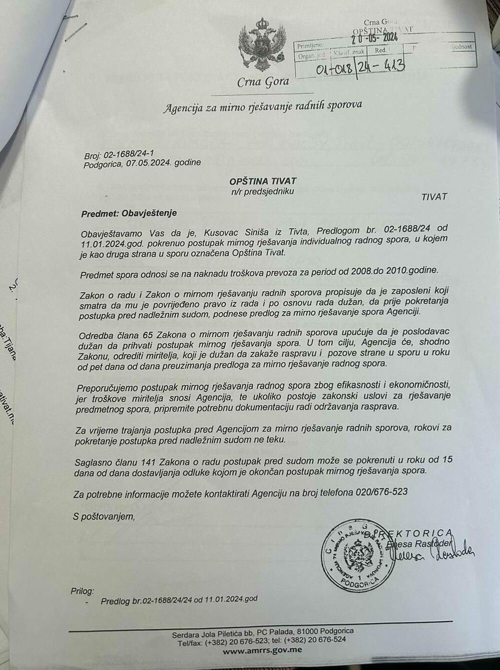 Faksimil obavještenja o pokretanju radnog spora