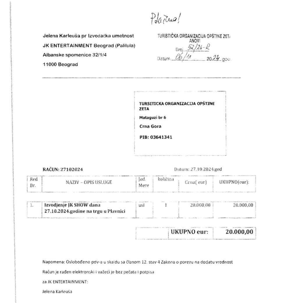 Faksimil računa za autorski honorar Jelene Karleuše