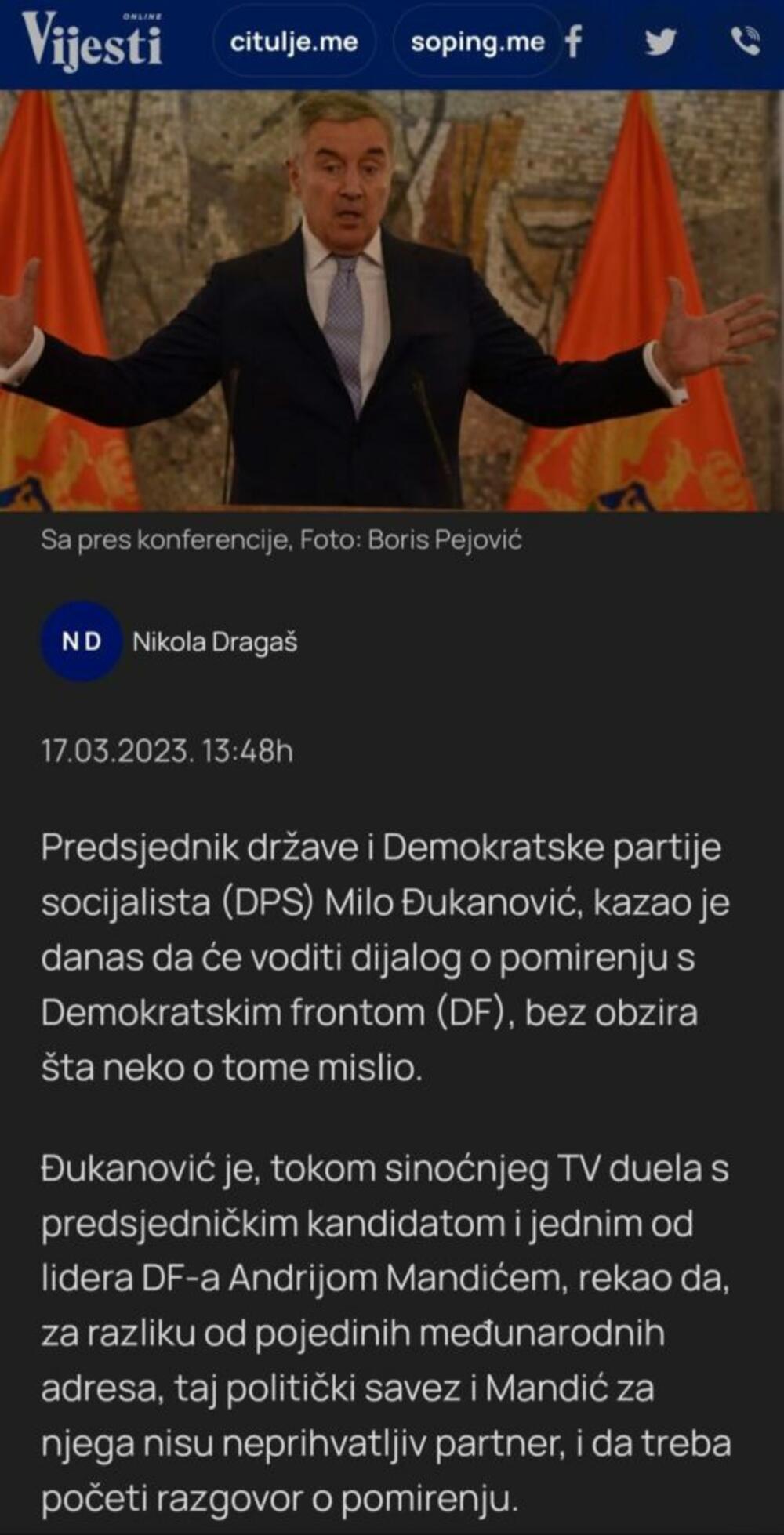 <p>„Gospoda iz DPS-a, umjesto što drži moralne pridike rukovodstvu Bošnjačke stranke, neka se osvrne samo dvije godine unazad kada je njihov doskorašnji lider i tadašnji predsjednik države Milo Đukanović čestitao Miloradu Dodiku stupanje na dužnost predsjednika „Republike Srpske“ uz izražavanje uvjerenja da će Dodik svojim autoritetom doprinijeti jačanju regionalne stabilnosti", piše u reagovanju</p>