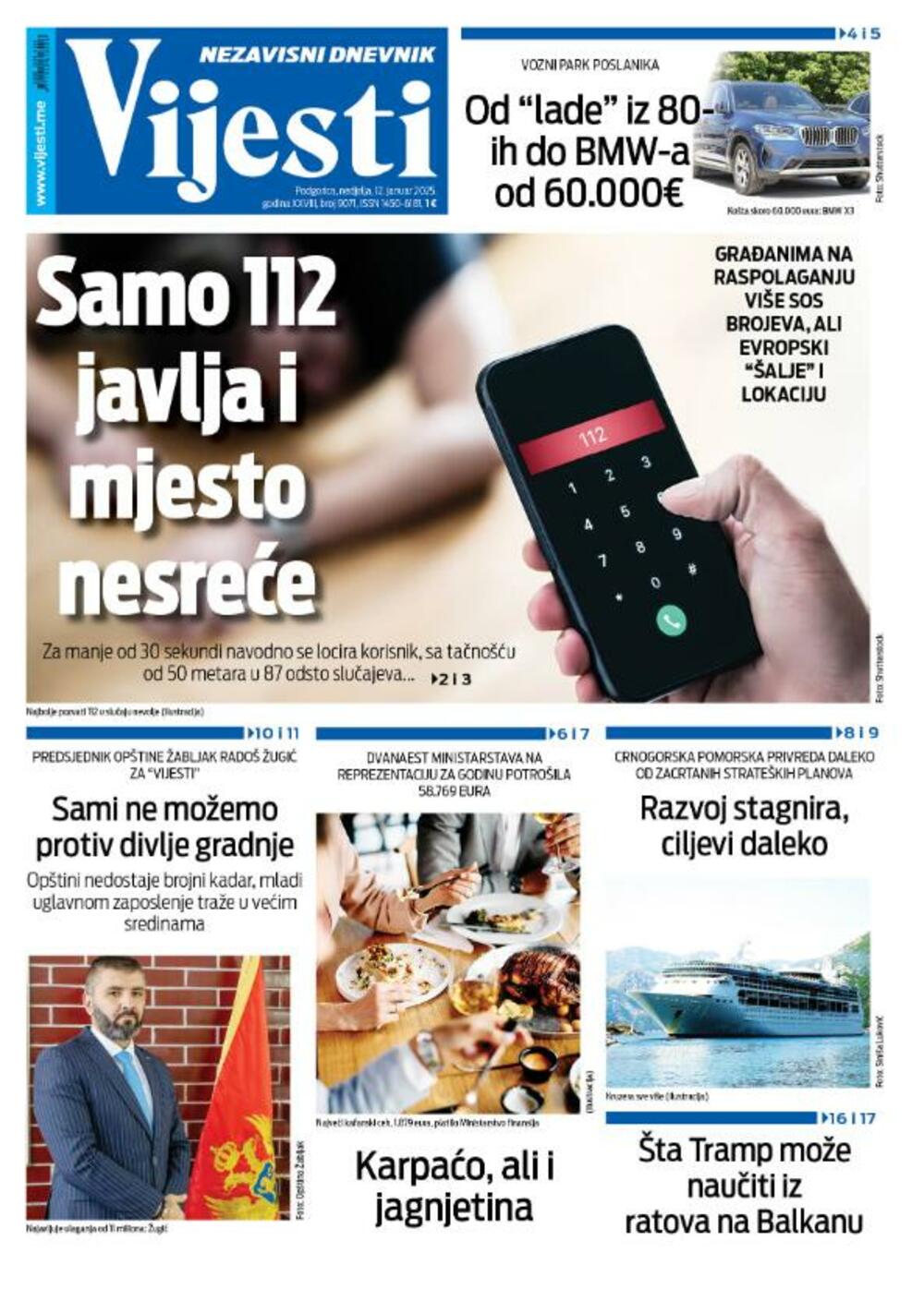 Naslovna strana "Vijesti" za 12. januar, Foto: Vijesti