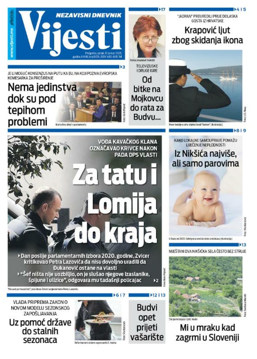 Naslovna strana "Vijesti" za 17. januar 2025., Foto: Vijesti