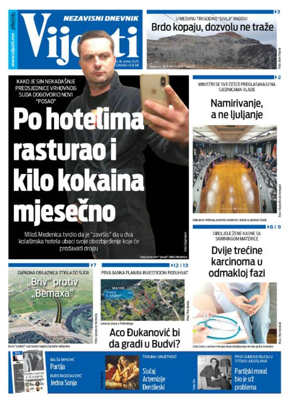 Naslovna strana "Vijesti" za 18. januar 2025., Foto: Vijesti