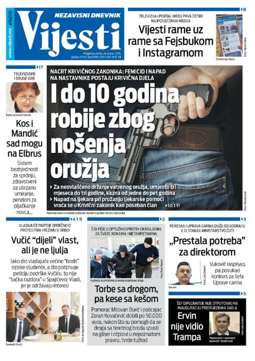 Naslovna strana "Vijesti" za 24. januar 2025., Foto: Vijesti