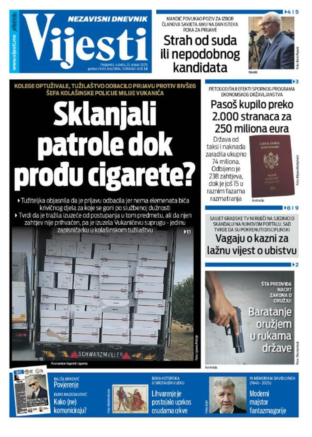 Naslovna strana "Vijesti" za 25. januar 2025., Foto: Vijesti