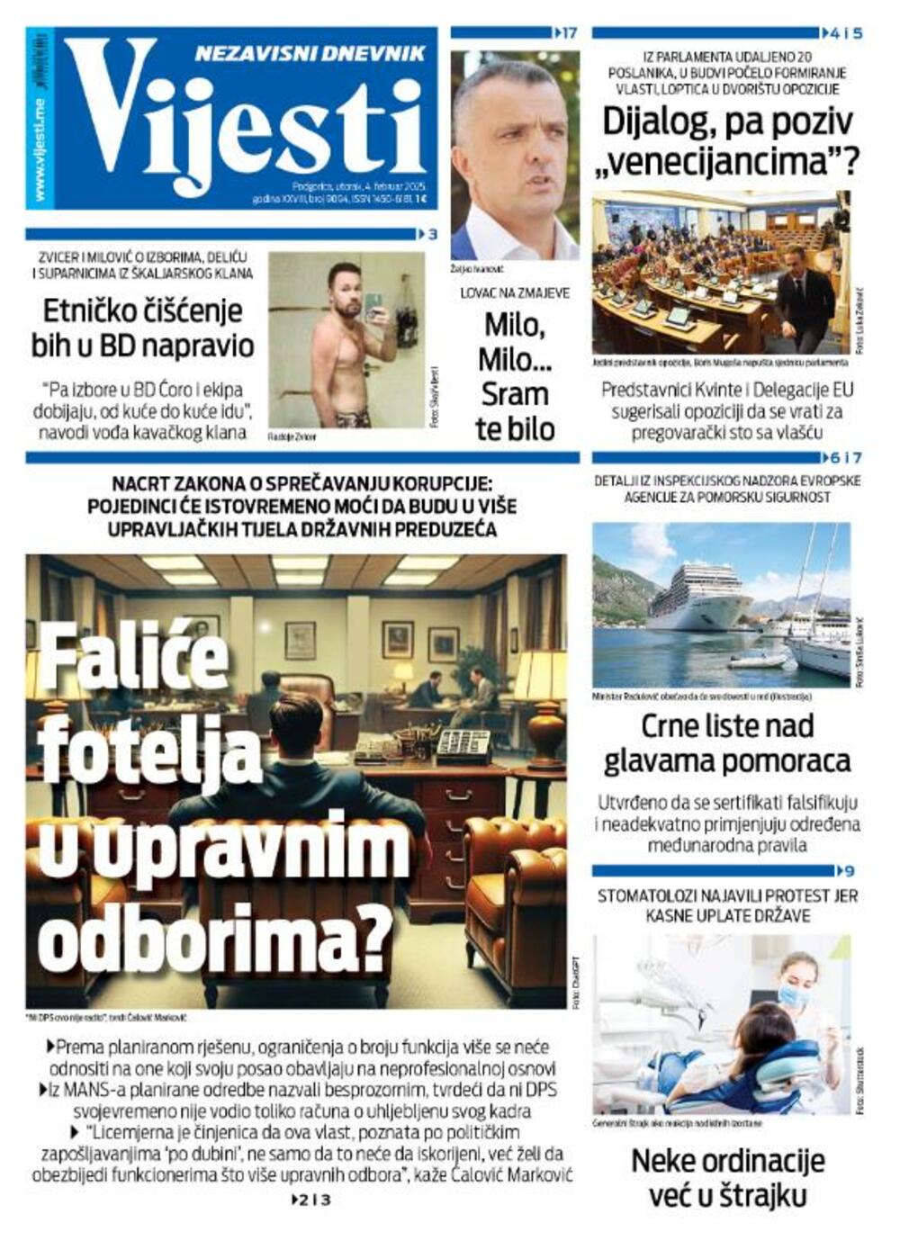 Naslovna strana "Vijesti" za 4. februar 2025., Foto: Vijesti