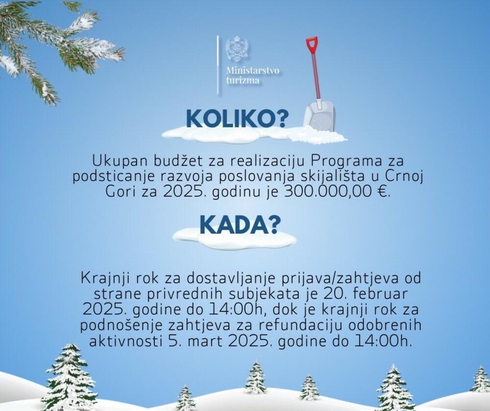<p>“Programom za podsticanje razvoja poslovanja skijališta u Crnoj Gori za ovu godinu predviđeno je sprovođenje mjera finansijske podrške razvoju skijališta koje bi doprinijele stvaranju dodatne vrijednosti u vidu dovoljno inovativnih i konkurentnih usluga na domaćem i regionalnom tržištu”, navodi se u saopštenju Ministarstva</p>