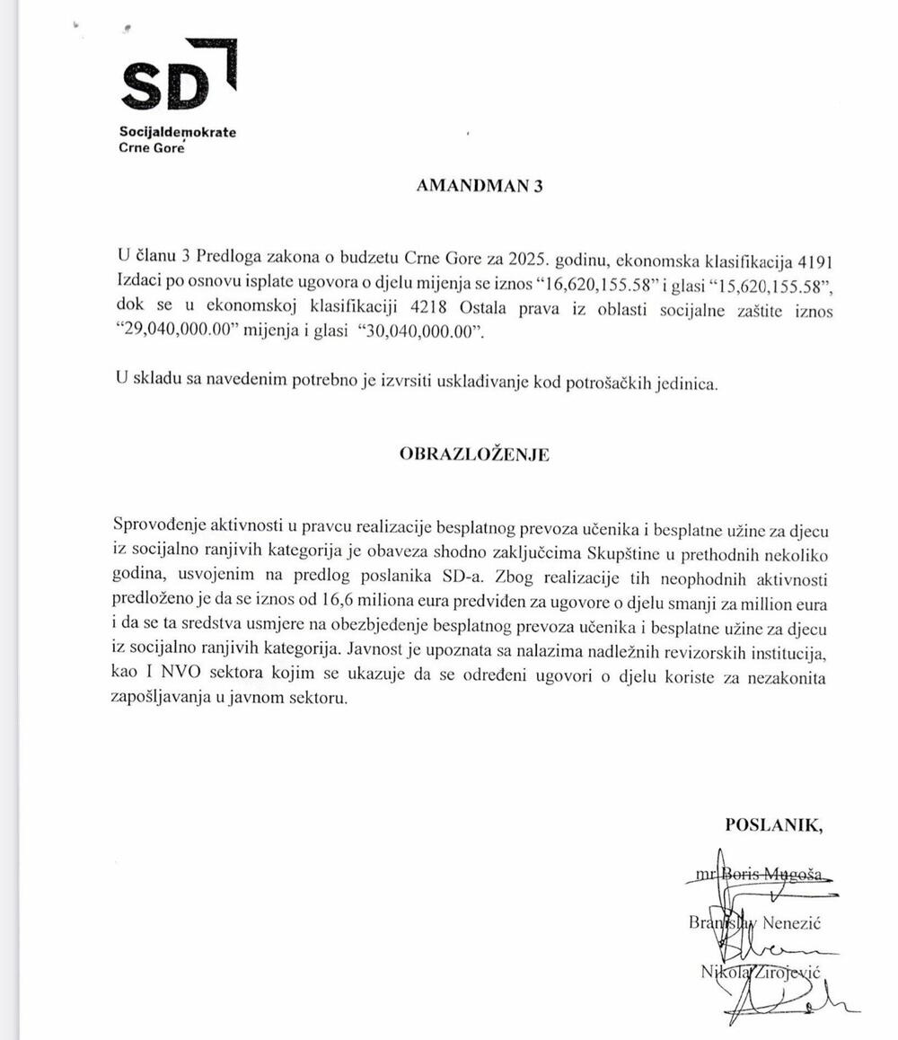 <p>Iz SD su kazali da je "povećanje izdvajanja za materijalna davanja i realizacija besplatnog prevoza učenika i besplatne užine za djecu iz socijalno ugroženih porodica obaveza Vlade i shodno zaključcima Skupštine koji su u prethodnih nekoliko godina usvajani na predlog poslanika SD-a i nažalost još nisu realizovani"</p>