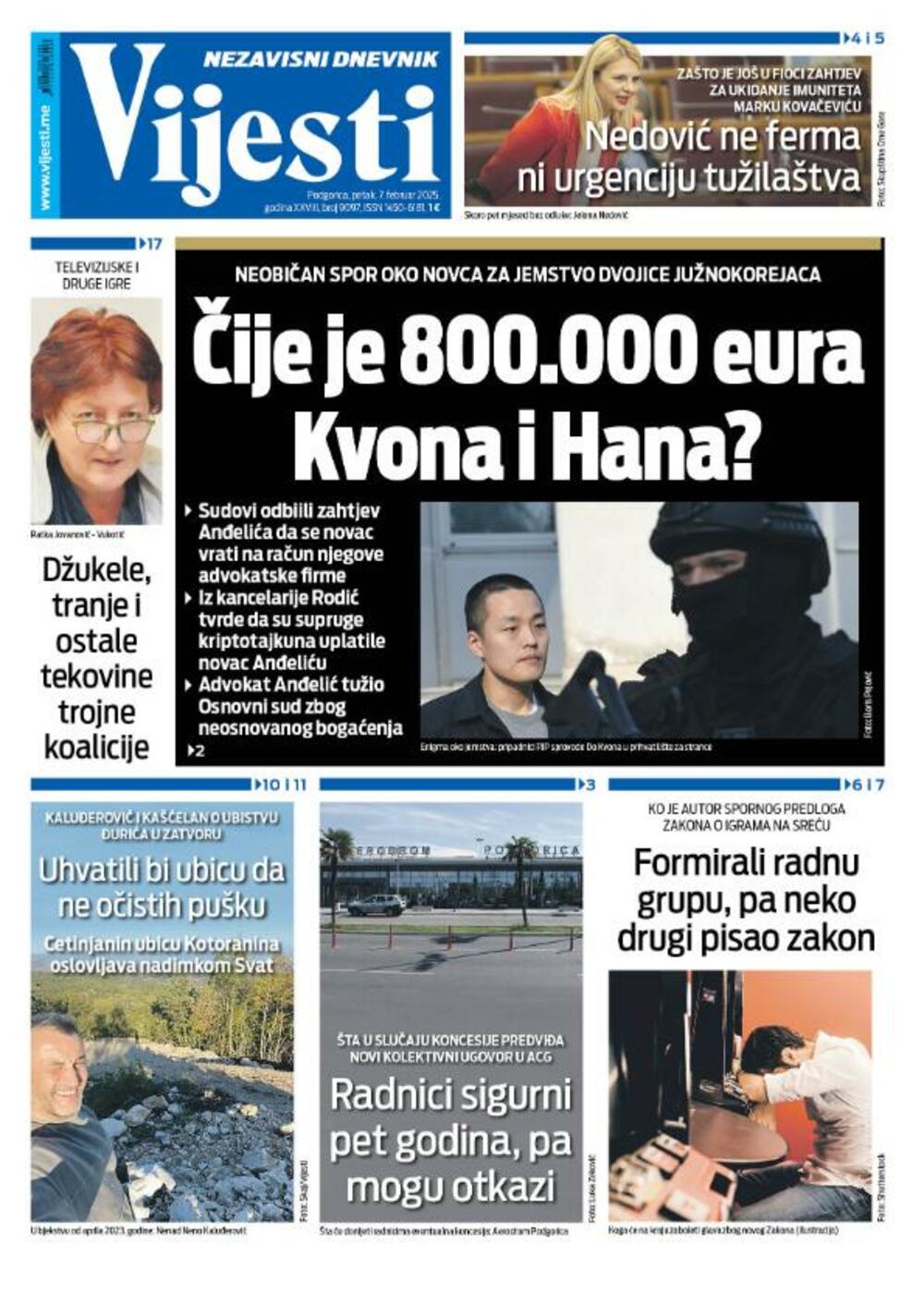Naslovna strana "Vijesti" za 7. februar 2025., Foto: Vijesti