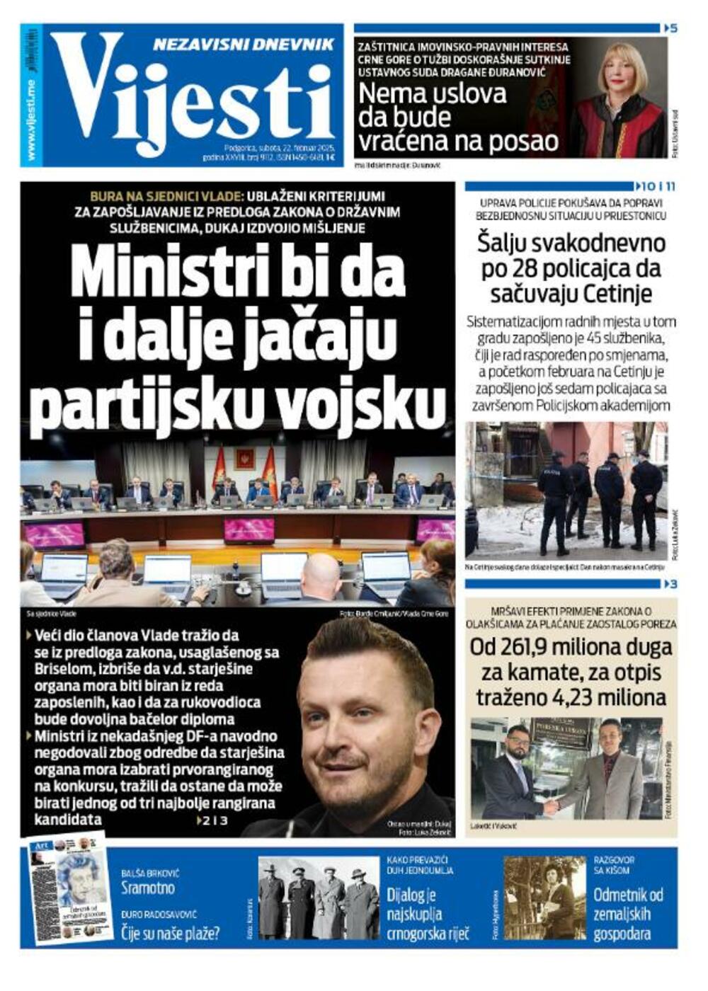 Naslovna strana "Vijesti" za 22. februar 2025., Foto: Vijesti