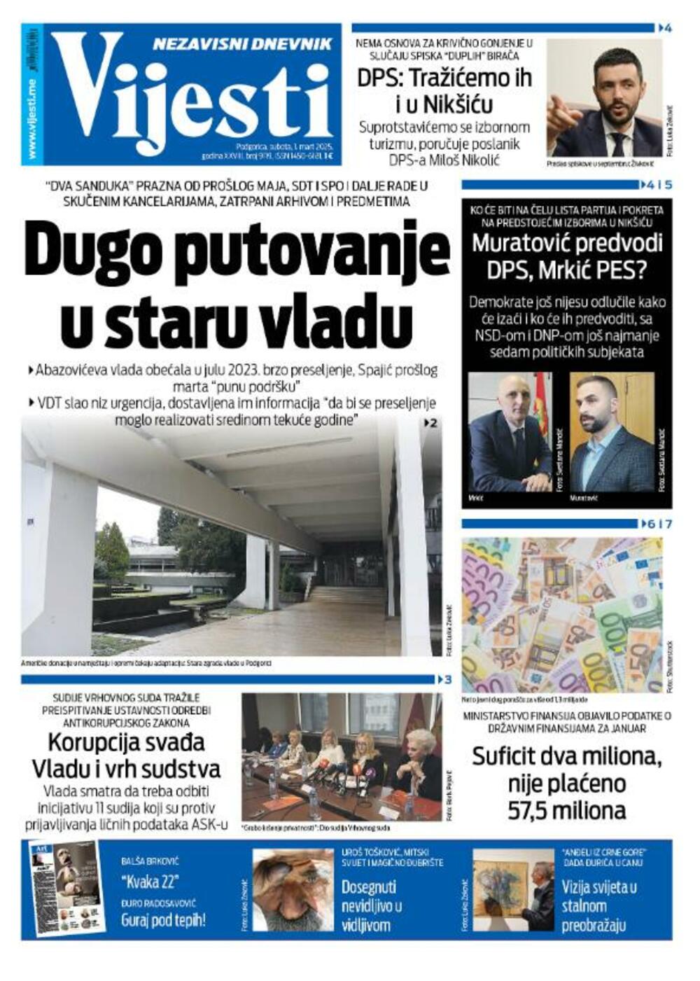 Naslovna strana "Vijesti" za 1. mart 2025., Foto: Vijesti