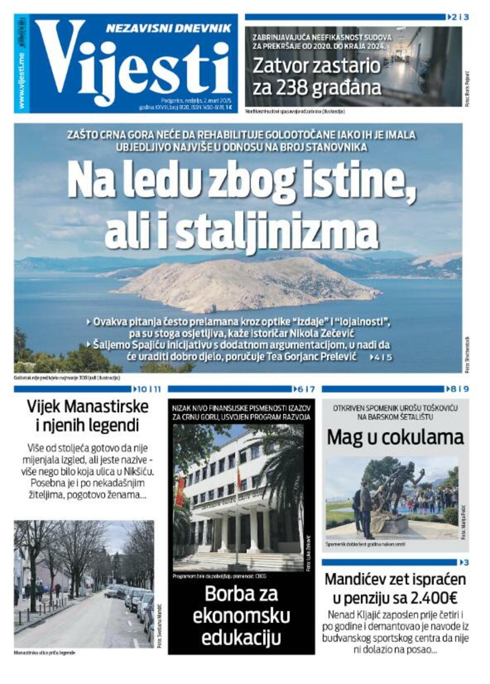 Naslovna strana "Vijesti" za 2. mart 2025., Foto: Vijesti