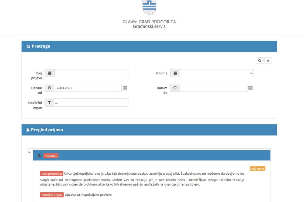Na portalu korisnici mogu i da pregledaju ranije podnijete prijave, Foto: gradjanski.podgorica.me