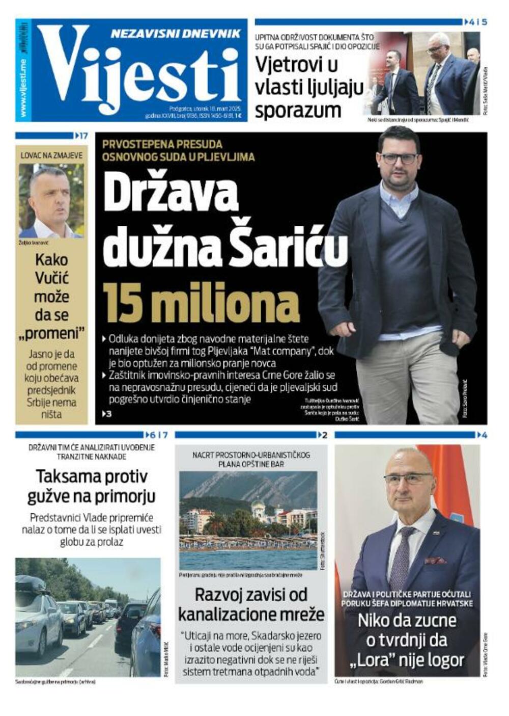 Naslovna strana "Vijesti" za 18. mart 2025., Foto: Vijesti