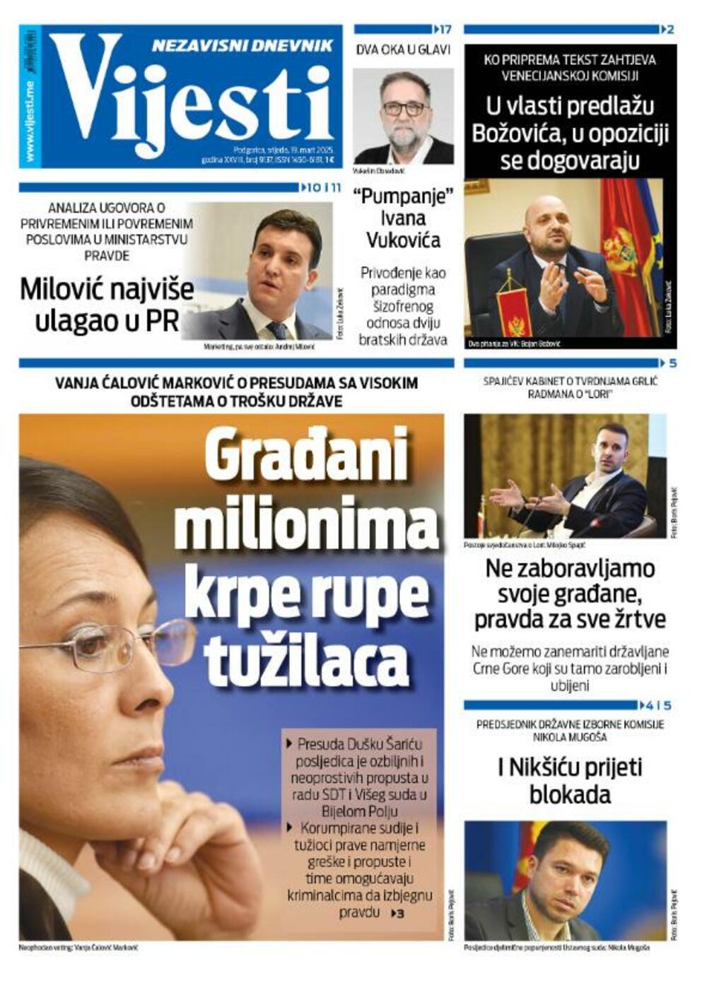 Naslovna strana "Vijesti" za 19. mart 2025., Foto: Vijesti